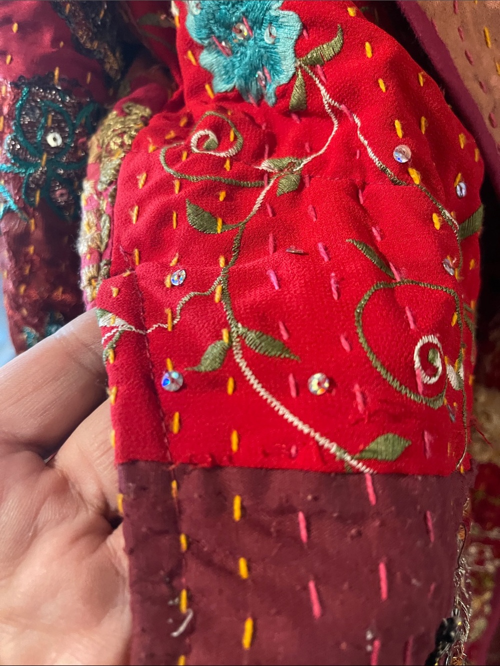 Red Patchwork Kantha Quilted Jacket with Embroidery XL-1X Kantha Jacket - Picture 6 of 15